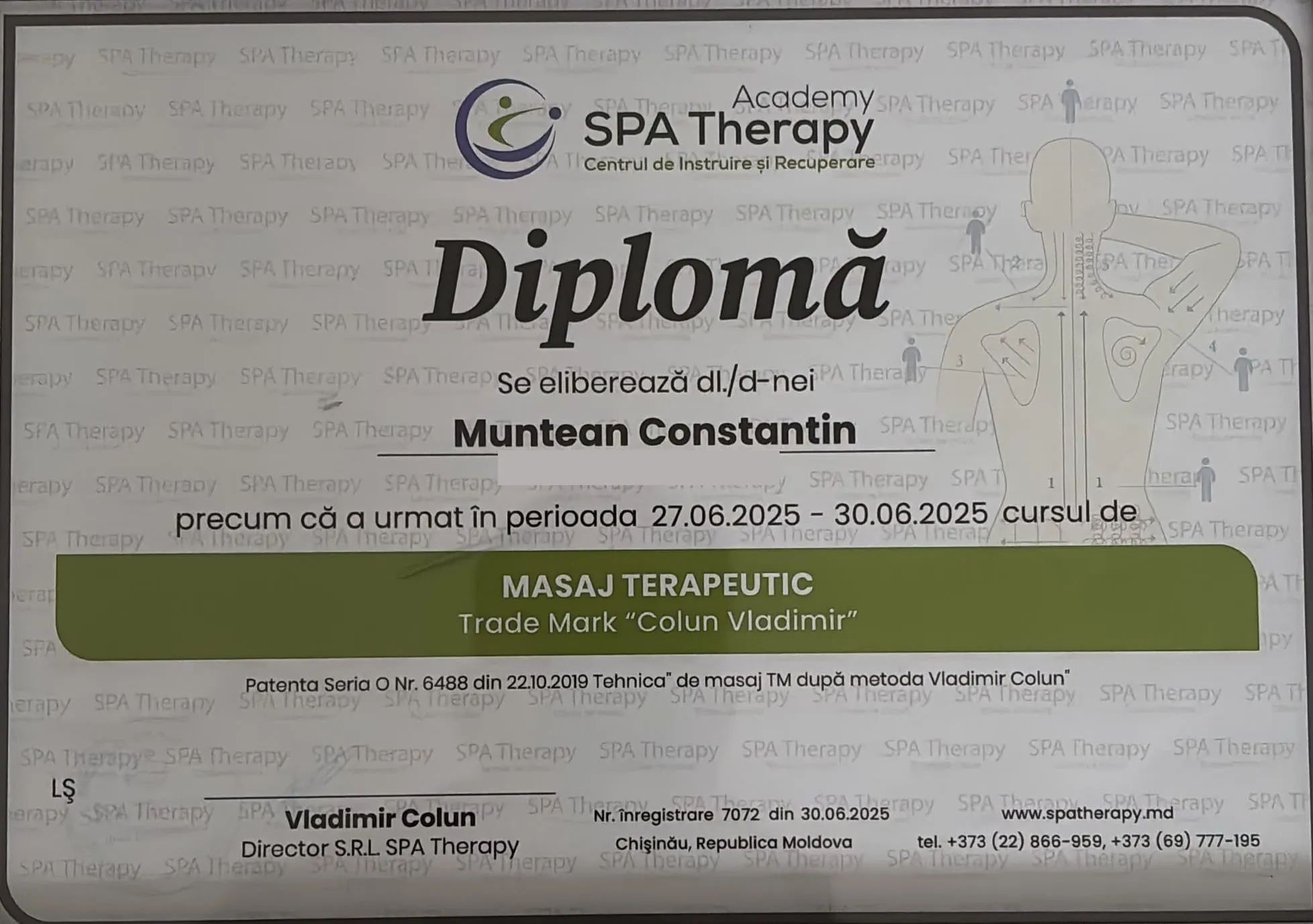 Constantin's therapeutic massage diploma from SPA Therapy Academy, Chișinău, Republic of Moldova, June 2025